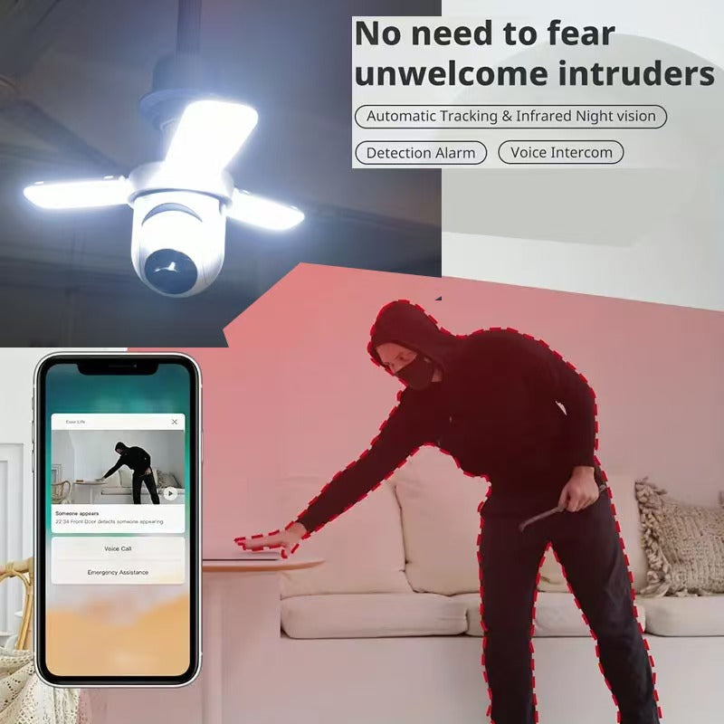 Camera Supraveghere Tip Bec E27 3MP HD WiFi, Rotire 360° PTZ, Vedere Nocturna Color + IR, Detectare Miscare, Audio Bidirectional, Stocare Card SD, Camera Securitate Interior/Exterior