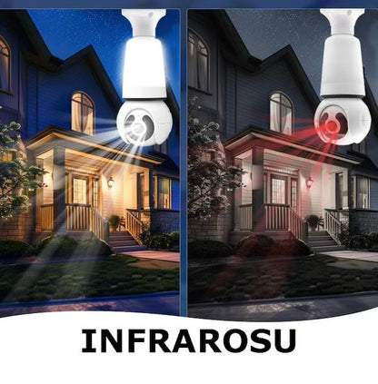 Cameră de supraveghere Wi-Fi tip bec E27 pentru interior, 3MP HD, cu alarmă, detectare mișcare și card 64GB CADOU