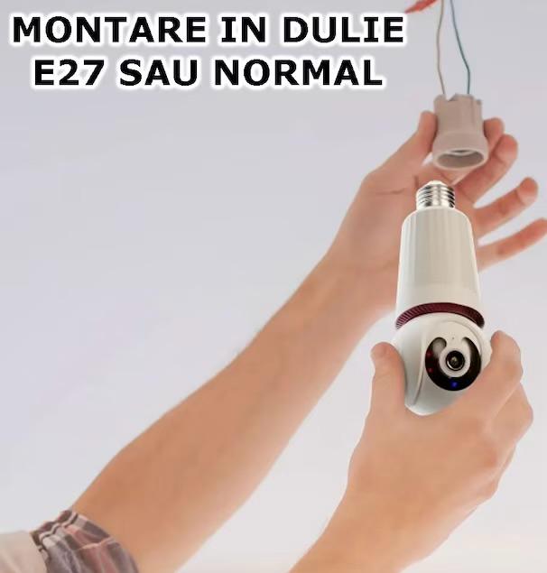 Cameră de supraveghere Wi-Fi tip bec E27 pentru interior, 3MP HD, cu alarmă, detectare mișcare și card 64GB