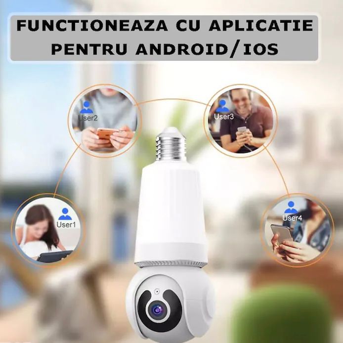 Cameră de supraveghere Wi-Fi tip bec E27 pentru interior, 3MP HD, cu alarmă, detectare mișcare și card 64GB