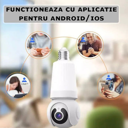 Cameră de supraveghere Wi-Fi tip bec E27 pentru interior, 3MP HD, cu alarmă, detectare mișcare și card 64GB CADOU