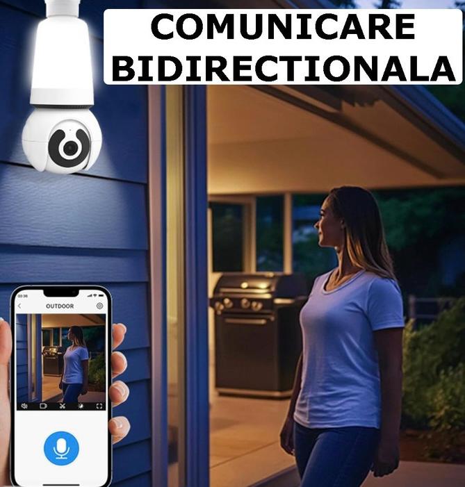 Cameră de supraveghere Wi-Fi tip bec E27 pentru interior, 3MP HD, cu alarmă, detectare mișcare și card 64GB CADOU