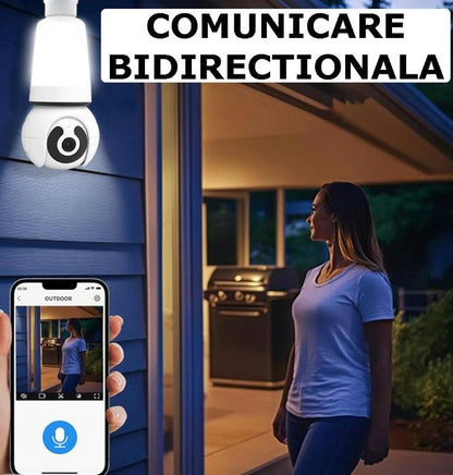Cameră de supraveghere Wi-Fi tip bec E27 pentru interior, 3MP HD, cu alarmă, detectare mișcare și card 64GB CADOU