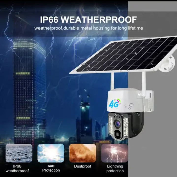 Cameră Solară de Securitate 3MP V380 4G cu Slot SIM – PTZ 355°, Night Vision Color, Detectare Inteligentă Mișcare, Tracking Automat, IP66, Interior/Exterior, Alb + CARD 64 Gb CADOU