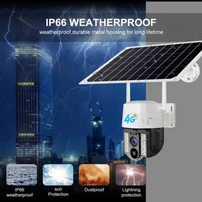 Cameră Solară de Securitate 3MP V380 4G cu Slot SIM – PTZ 355°, Night Vision Color, Detectare Inteligentă Mișcare, Tracking Automat, IP66, Interior/Exterior, Alb + CARD 64 Gb CADOU