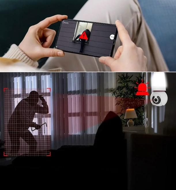 Cameră de supraveghere Wi-Fi tip bec E27 pentru interior, 3MP HD, cu alarmă, detectare mișcare și card 64GB