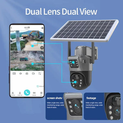 Cameră Supraveghere 4K cu Panou Solar – Dubla Lentilă, 360°, Zoom 10X + Card 32GB !