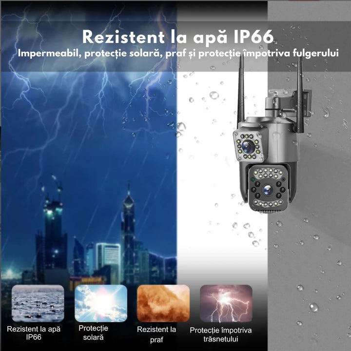 Cameră de Supraveghere WiFi 6MP Dual Lens – Rotire 355°, Vedere Nocturnă Color & IR, Audio Bidirecțional, Detectare Mișcare, IP66, Control Aplicație