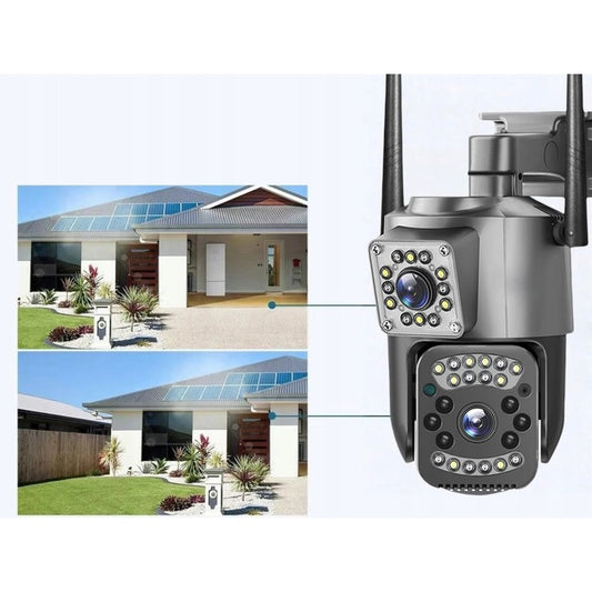 Cameră de Supraveghere WiFi 6MP Dual Lens – Rotire 355°, Vedere Nocturnă Color & IR, Audio Bidirecțional, Detectare Mișcare, IP66, Control Aplicație Android/iOS