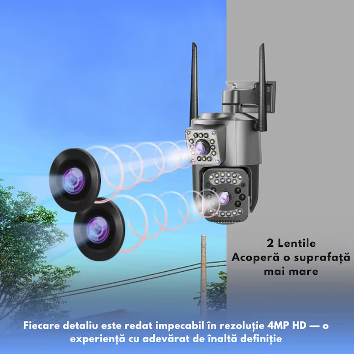 Cameră de Supraveghere WiFi 6MP Dual Lens – Rotire 355°, Vedere Nocturnă Color & IR, Audio Bidirecțional, Detectare Mișcare, IP66, Control Aplicație