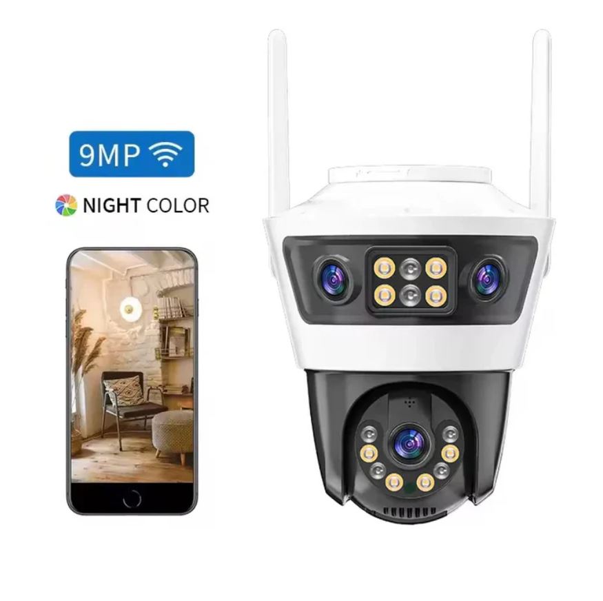 Camera Supraveghere WiFi Exterior 9MP cu 3 Lentile, PTZ 355°, Color Night Vision, Auto Tracking, Audio Bidirecțional, IP66, Aplicație Yoosee | Jortan