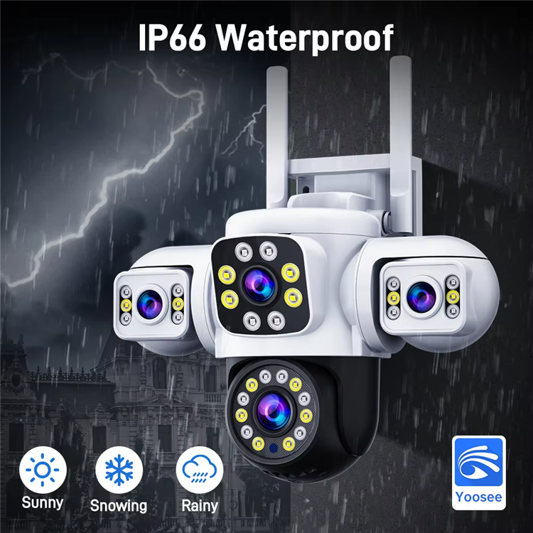 Cameră de Supraveghere Wireless Exterior 8MP Quad Lens PTZ 360° WiFi cu Zoom 10X, Night Vision Color, AI Motion Tracking și Audio Bidirecțional