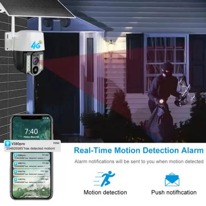 Cameră Solară de Securitate 3MP V380 4G cu Slot SIM – PTZ 355°, Night Vision Color, Detectare Inteligentă Mișcare, Tracking Automat, IP66, Interior/Exterior, Alb + CARD 64 Gb CADOU