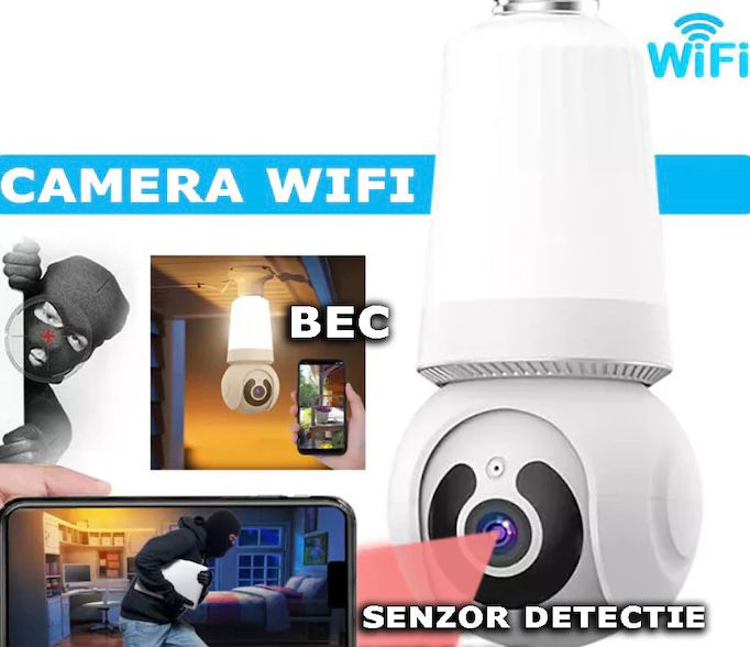 Cameră de supraveghere Wi-Fi tip bec E27 pentru interior, 3MP HD, cu alarmă, detectare mișcare și card 64GB