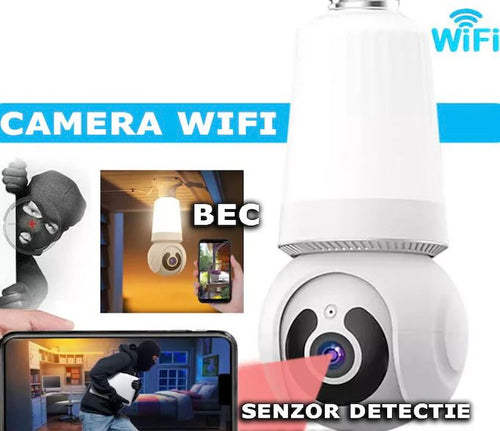 Cameră de supraveghere Wi-Fi tip bec E27 pentru interior, 3MP HD, cu alarmă, detectare mișcare și card 64GB
