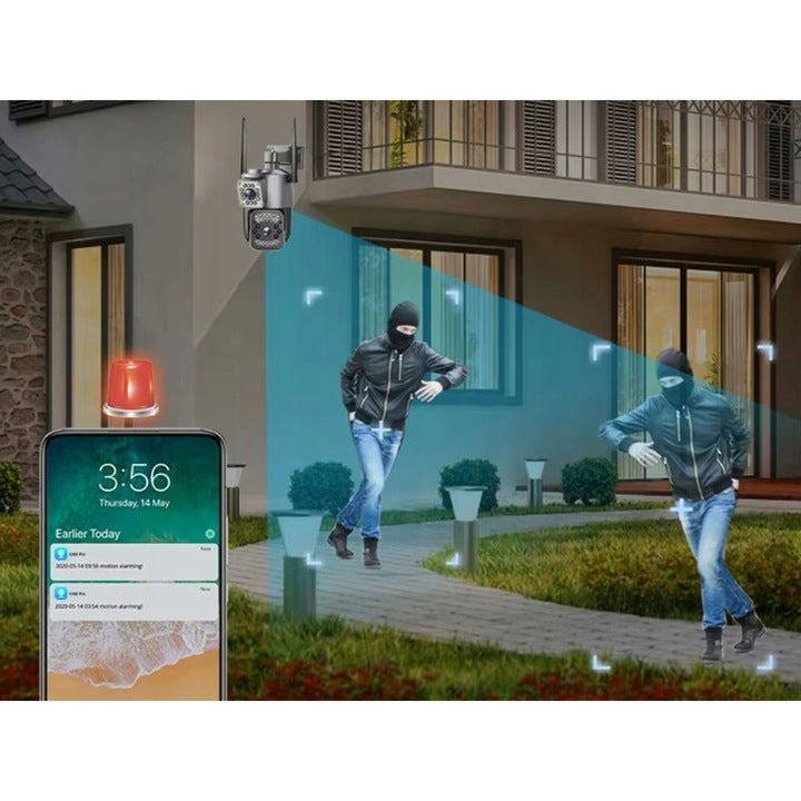 Cameră de Supraveghere WiFi 6MP Dual Lens – Rotire 355°, Vedere Nocturnă Color & IR, Audio Bidirecțional, Detectare Mișcare, IP66, Control Aplicație