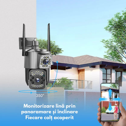 Cameră de Supraveghere WiFi 6MP Dual Lens – Rotire 355°, Vedere Nocturnă Color & IR, Audio Bidirecțional, Detectare Mișcare, IP66, Control Aplicație