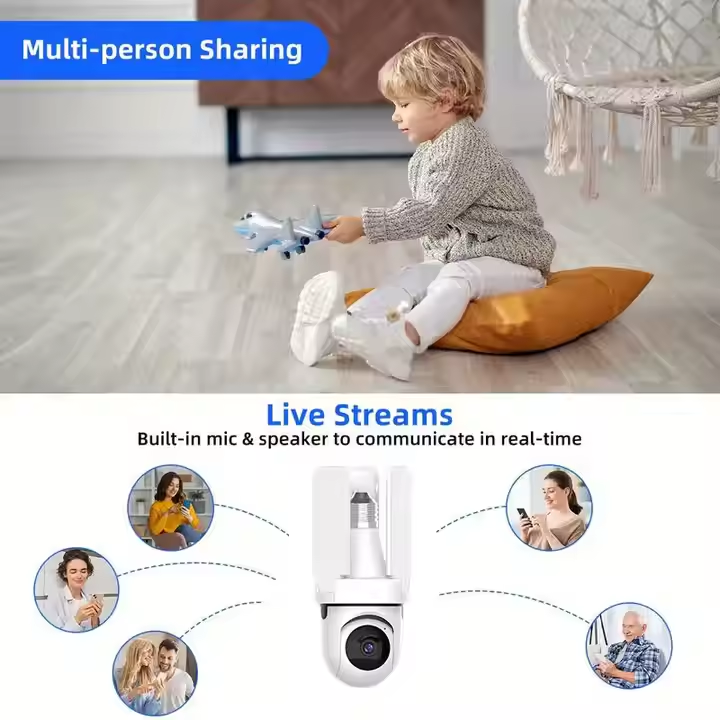 Camera Supraveghere Tip Bec E27 3MP HD WiFi, Rotire 360° PTZ, Vedere Nocturna Color + IR, Detectare Miscare, Audio Bidirectional, Stocare Card SD, Camera Securitate Interior/Exterior