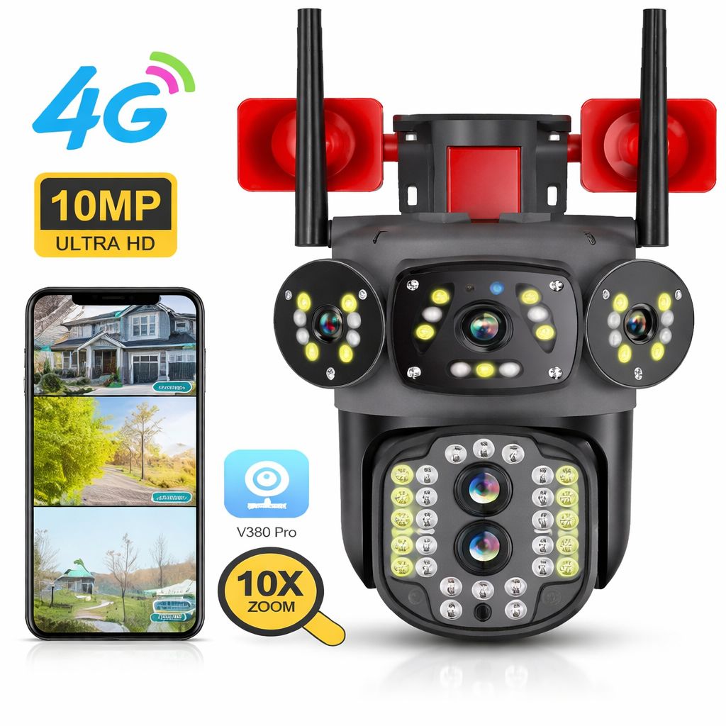 Cameră de supraveghere tripla 4G cu alarmă dublă – 10MP Ultra HD, zoom 10X