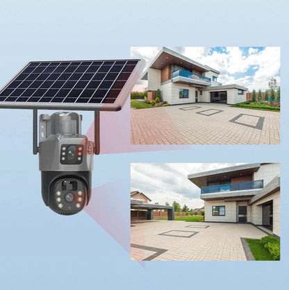 Cameră Supraveghere 4K cu Panou Solar – Dubla Lentilă, 360°, Zoom 10X + Card 32GB !
