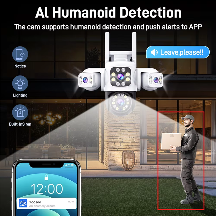 Cameră de Supraveghere Wireless Exterior 8MP Quad Lens PTZ 360° WiFi cu Zoom 10X, Night Vision Color, AI Motion Tracking și Audio Bidirecțional