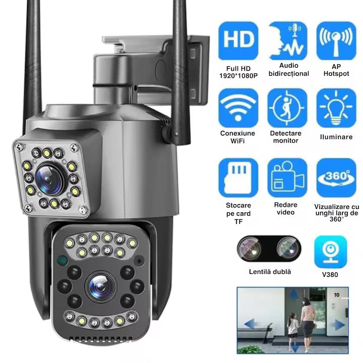 Cameră de Supraveghere WiFi 6MP Dual Lens – Rotire 355°, Vedere Nocturnă Color & IR, Audio Bidirecțional, Detectare Mișcare, IP66, Control Aplicație