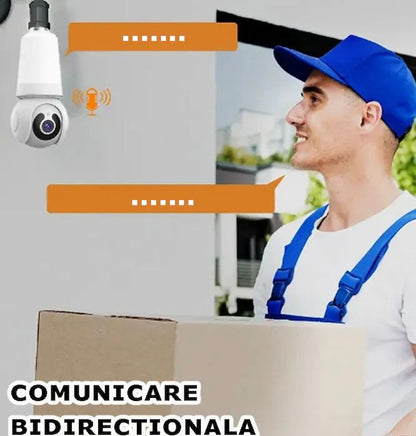 Cameră de supraveghere Wi-Fi tip bec E27 pentru interior, 3MP HD, cu alarmă, detectare mișcare și card 64GB CADOU