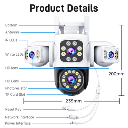 Cameră de Supraveghere Wireless Exterior 8MP Quad Lens PTZ 360° WiFi cu Zoom 10X, Night Vision Color, AI Motion Tracking și Audio Bidirecțional