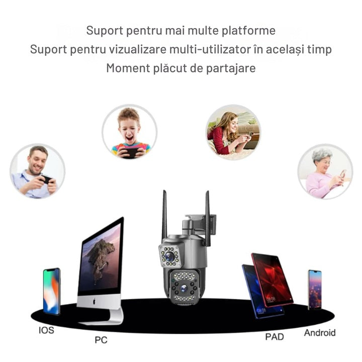 Cameră de Supraveghere WiFi 6MP Dual Lens – Rotire 355°, Vedere Nocturnă Color & IR, Audio Bidirecțional, Detectare Mișcare, IP66, Control Aplicație