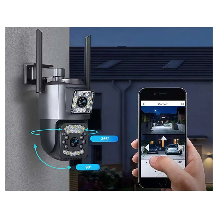 Cameră de Supraveghere WiFi 6MP Dual Lens – Rotire 355°, Vedere Nocturnă Color & IR, Audio Bidirecțional, Detectare Mișcare, IP66, Control Aplicație