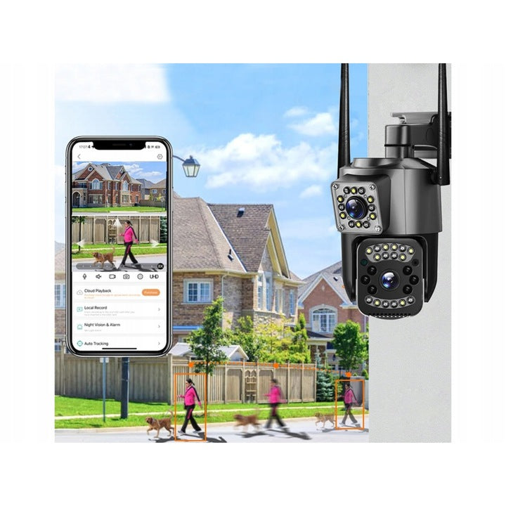 Cameră de Supraveghere WiFi 6MP Dual Lens – Rotire 355°, Vedere Nocturnă Color & IR, Audio Bidirecțional, Detectare Mișcare, IP66, Control Aplicație