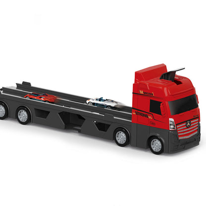 Set Camion 3 în 1 cu Catapultă și Pista pentru Mașinuțe – 6 Vehicule cu Arcuri, Jucărie Interactivă pentru Copii 3+