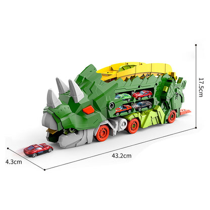 Set Camion Dinozaur Transformabil 2 în 1 cu Rampă de Curse și Mașinuțe – Jucărie Interactivă cu Funcții Multiple, Depozitare Inclusă, 43 cm