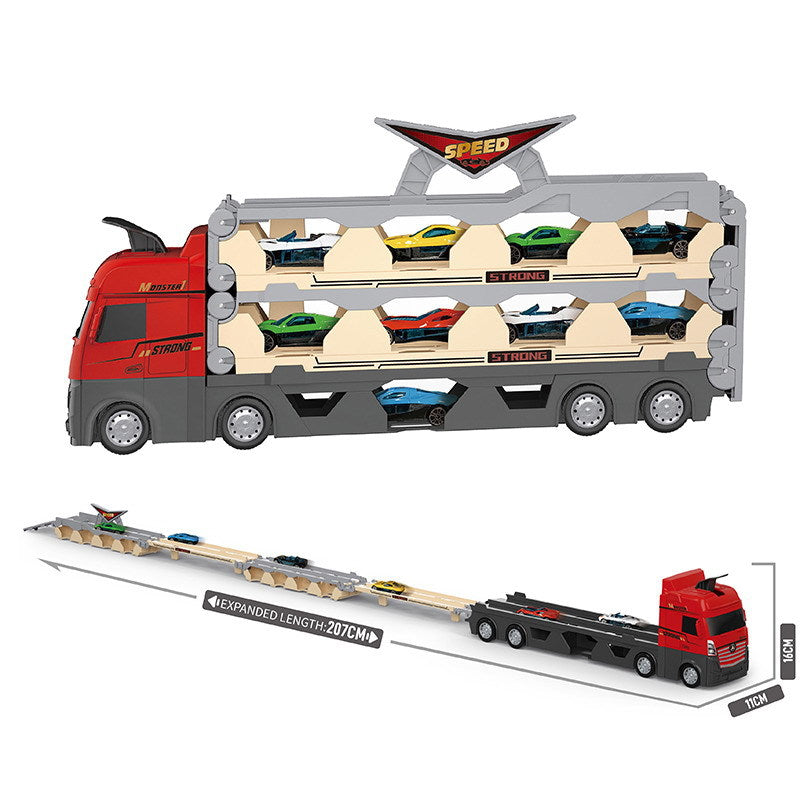 Set Camion 3 în 1 cu Catapultă și Pista pentru Mașinuțe – 6 Vehicule cu Arcuri, Jucărie Interactivă pentru Copii 3+