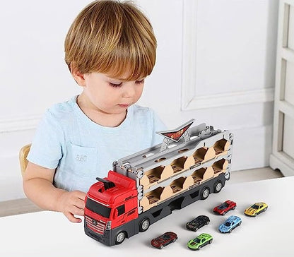 Set Camion 3 în 1 cu Catapultă și Pista pentru Mașinuțe – 6 Vehicule cu Arcuri, Jucărie Interactivă pentru Copii 3+