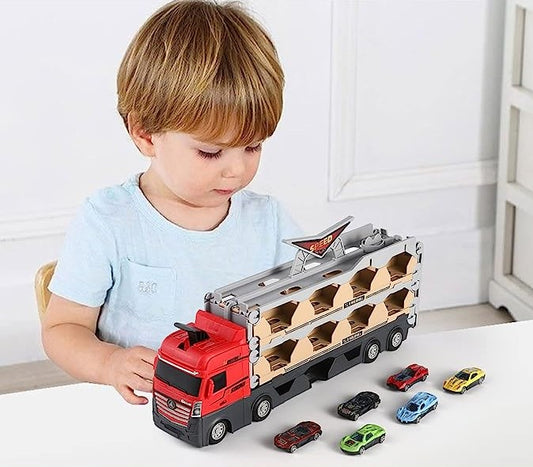 Set Camion 3 în 1 cu Catapultă și Pista pentru Mașinuțe – 6 Vehicule cu Arcuri, Jucărie Interactivă pentru Copii 3+