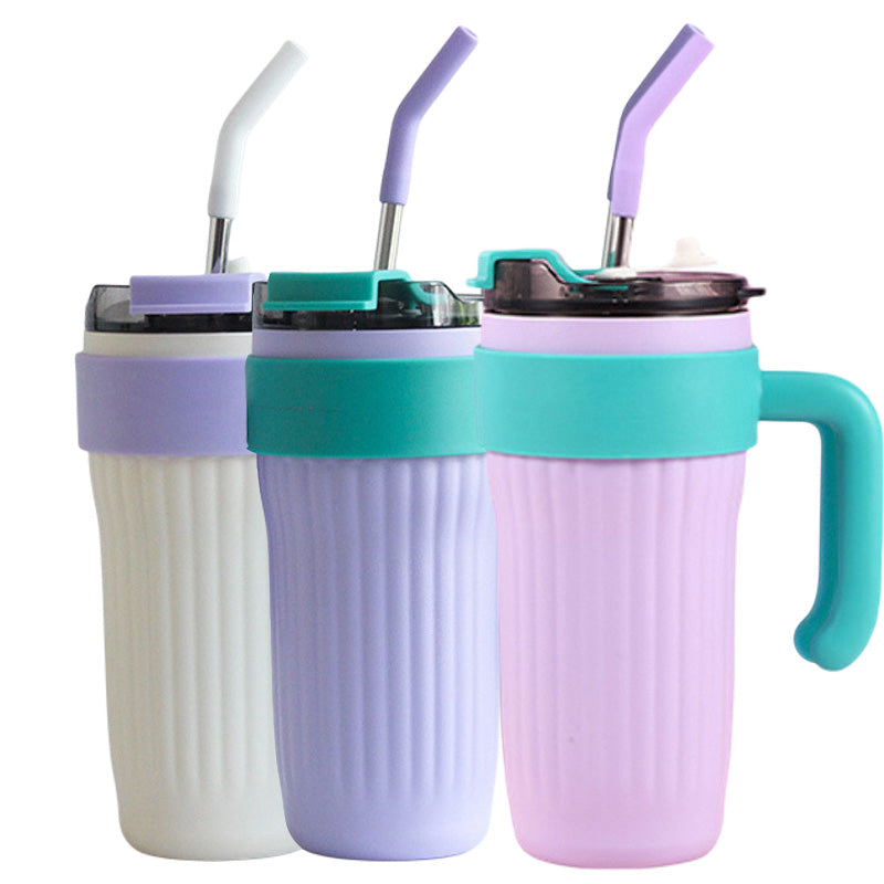 Cană Termos 860ml din Inox cu Izolație Dublă, Pahar Termoizolant cu Mâner, Capac Etanș și Pai, Menține Băuturile Calde sau Reci 12–24h, pentru Birou