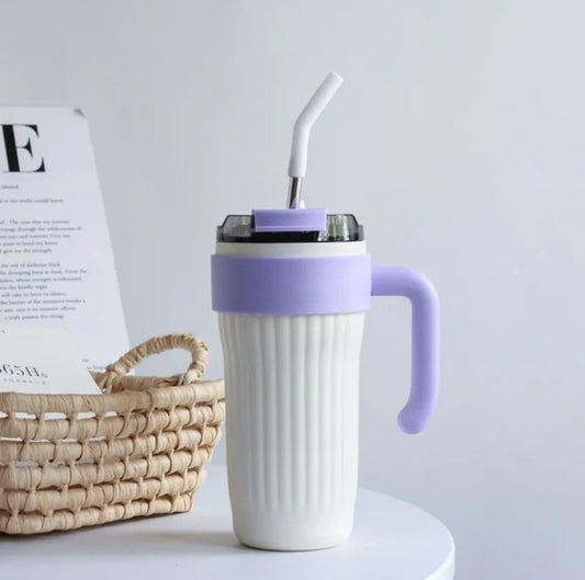 Cană Termos din Inox 860ml cu Dublă Izolație, Pahar Termoizolant cu Mâner, Capac Etanș și Pai, pentru Cafea și Băuturi Reci, Anti Scurgere, Cană de Călătorie pentru Birou și Sală