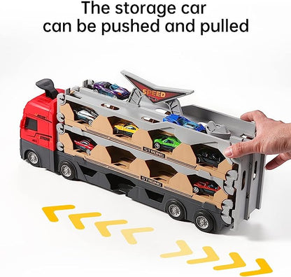 Set Camion 3 în 1 cu Catapultă și Pista pentru Mașinuțe – 6 Vehicule cu Arcuri, Jucărie Interactivă pentru Copii 3+