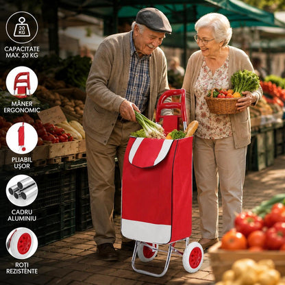 Cărucior de Piață Pliabil din Aluminiu, Ușor și Rezistent, Capacitate 20 kg, Mâner Ergonomic