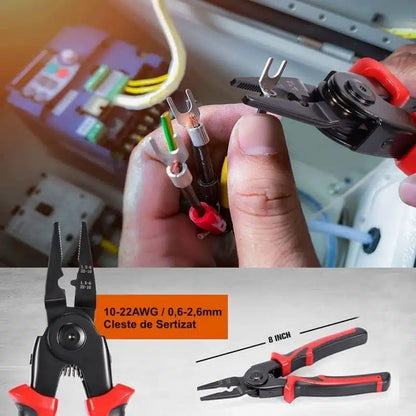 Set Clește Multifuncțional 5 în 1 Profesional – Clește, Foarfecă, Tăietor Cabluri, Sertizare & Decablare, Mâner Anti-Alunecare, Cutie Depozitare