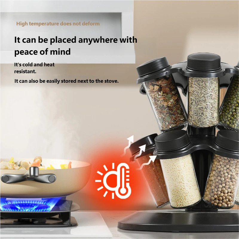 Suport rotativ pentru condimente 12 în 1 – Organizator bucătărie premium cu 12 borcane din sticlă, raft rotativ 360°, economisire spațiu