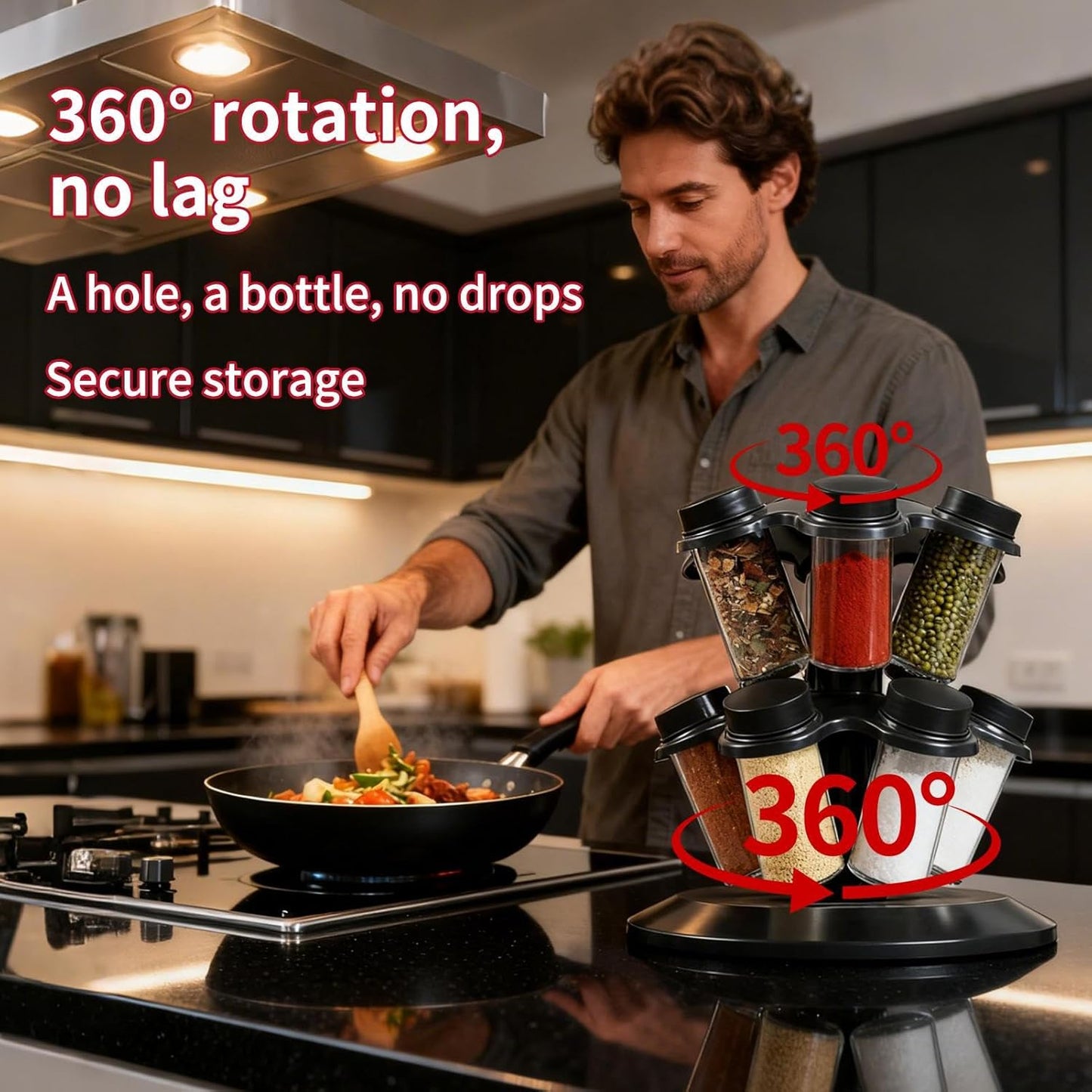 Suport rotativ pentru condimente 12 în 1 – Organizator bucătărie premium cu 12 borcane din sticlă, raft rotativ 360°, economisire spațiu