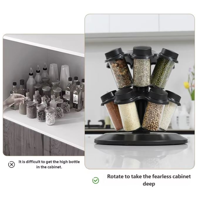 Suport rotativ pentru condimente 12 în 1 – Organizator bucătărie premium cu 12 borcane din sticlă, raft rotativ 360°, economisire spațiu