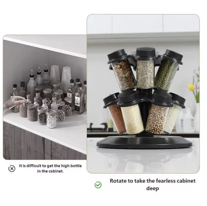 Suport rotativ pentru condimente 12 în 1 – Organizator bucătărie premium cu 12 borcane din sticlă, raft rotativ 360°, economisire spațiu