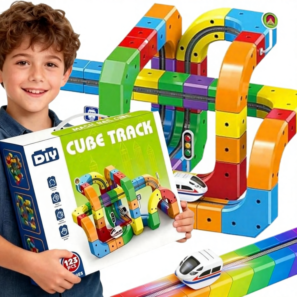 Set Construcție Tren Electric Copii 123 Piese – Pista 3D Modulară Track Cube, Cuburi STEM Educative, Trasee Infinite, 3+ Ani