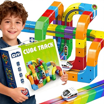 Set Construcție Tren Electric Copii 123 Piese – Pista 3D Modulară Track Cube, Cuburi STEM Educative, Trasee Infinite, 3+ Ani