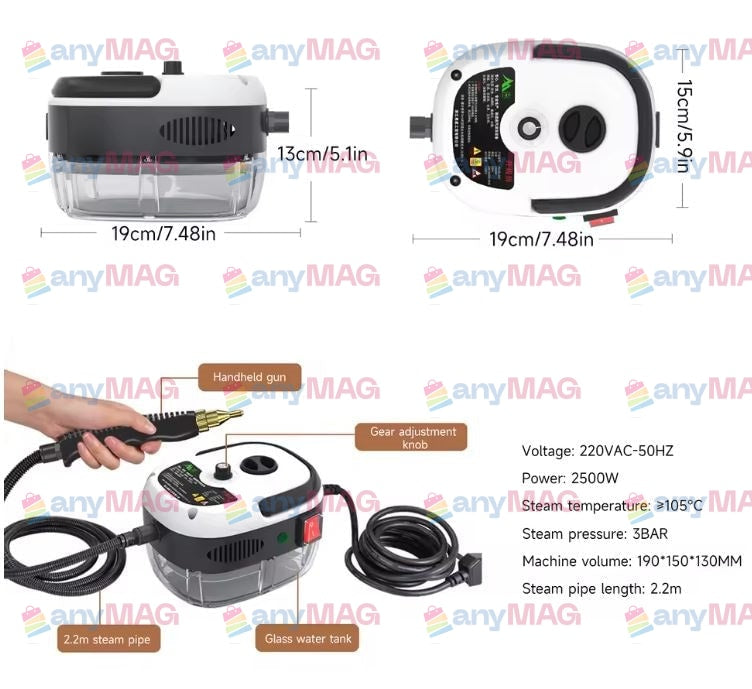 Aparat de Curățat cu Abur Portabil 2500W, 3Bar, Rezervor 1L, Încălzire Rapidă 10s, 6 Trepte Abur, 4 Accesorii, 3 Perii, Alb/Negru, 19×15×13 cm