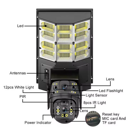 Cameră de Supraveghere Solară 4MP PTZ cu SIM 4G, Detectare PIR, Viziune Nocturnă Color și Audio Bidirecțional – IP66 Exterior, Autonomie Mare + Card 64GB Cadou