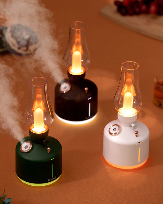 Difuzor de Aromă cu Umidificator Tip Lampă Retro, Lumină Caldă Flacără LED, USB & Baterie – Silențios, 2 Moduri de Ceață, Decor pentru Casă, Birou și Dormitor